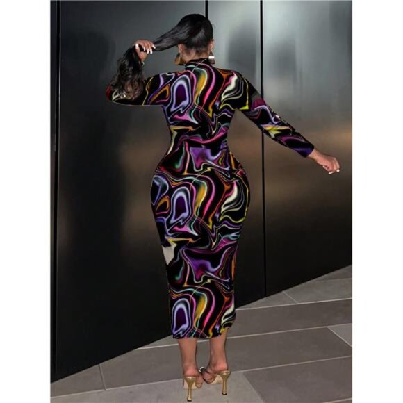 Long Sleeve Bodycon Dress, Extra Long Relaxed Fit Fall Club Party Maxi Pencil - Picture 2 of 6
